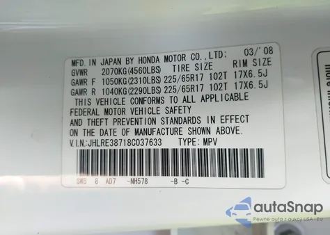2008 Honda Cr-V Ex-L z USA, uszkodzony, nr VIN JHLRE38718C037633